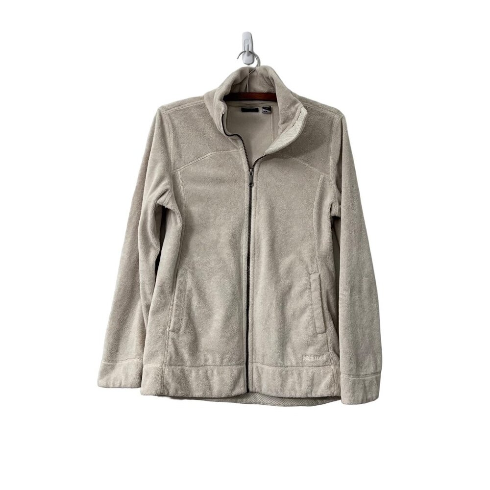 Marmot Womens Cream Fuzzy Fleece Full Zip Jacket Embroidered Size Medium